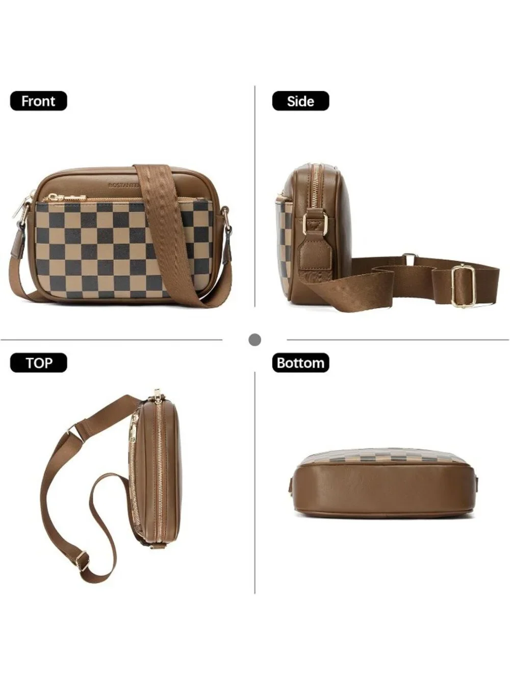 Women's Coffee Leather Crossbody Purses Shoulder Handbags with Wide Strap